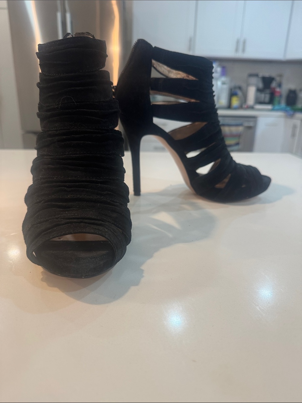 BCBG Generation black suede zipper back Straap peep toe never worn Y2K